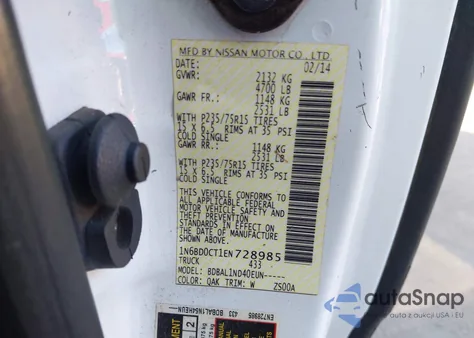 2014 Nissan Frontier S/Sv-I4 z USA, uszkodzony, nr VIN 1N6BD0CT1EN728985